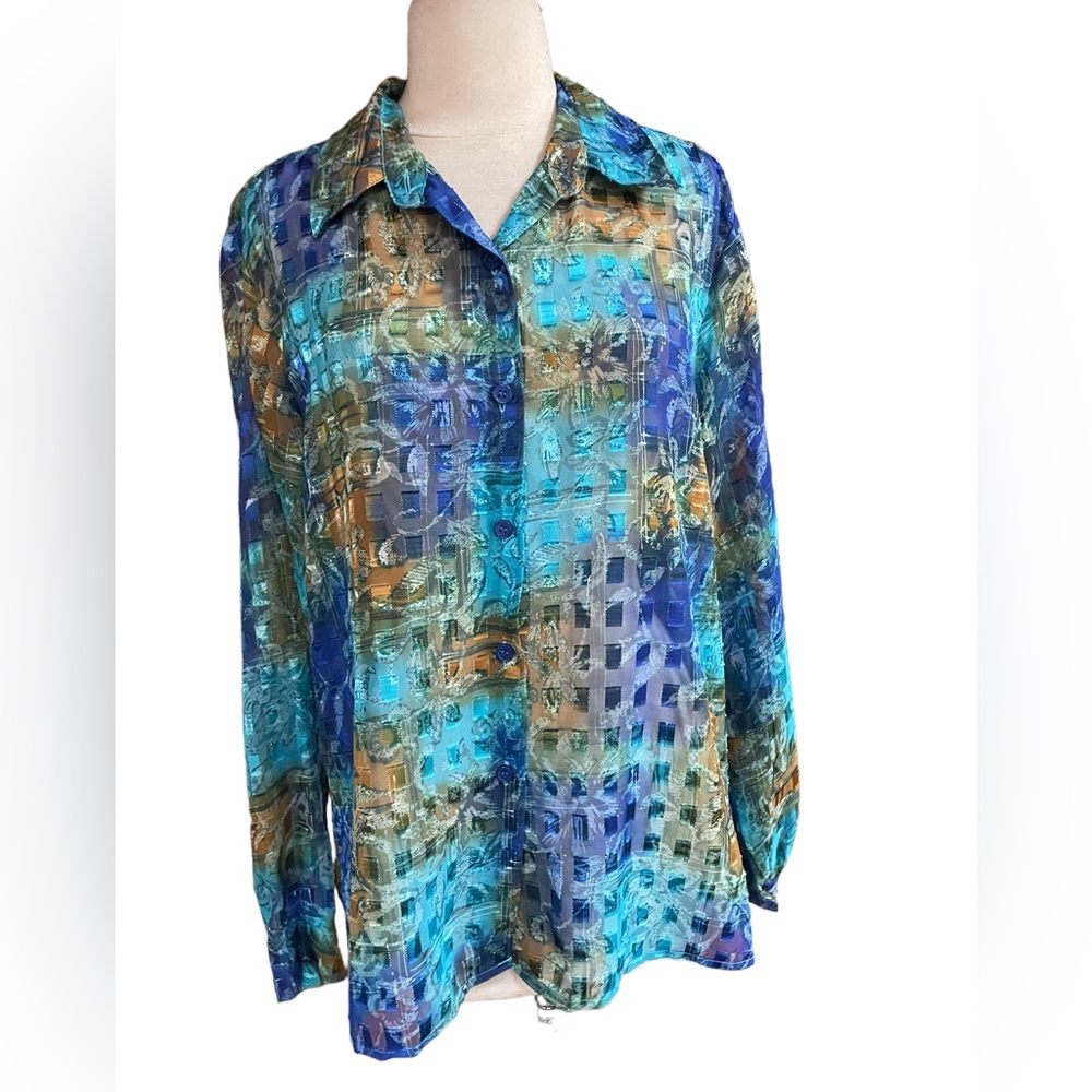 1990s Apparenza Semi-Sheer, Metallic Gold Sparkles, Button‎ Down Blouse